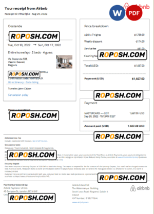 Belgium Airbnb booking confirmation Word and PDF template