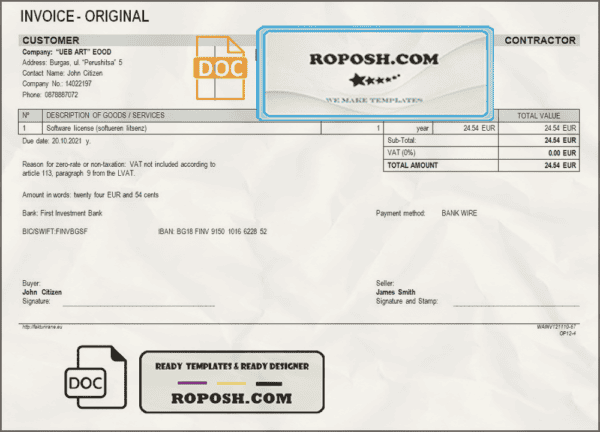 Bulgary UEB ART EOOD Company invoice template in Word and PDF format, fully editable