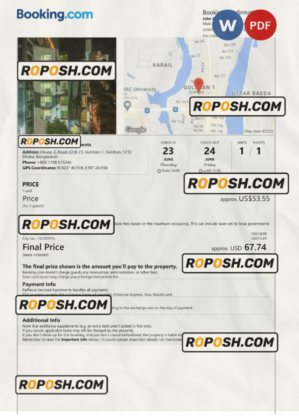 Bangladesh hotel booking confirmation Word and PDF template, 2 pages scan effect