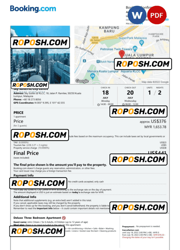 Malaysia hotel booking confirmation Word and PDF template, 2 pages