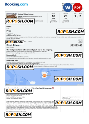 Maldives hotel booking confirmation Word and PDF template, 2 pages