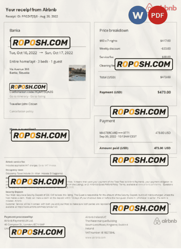 Slovakia Airbnb booking confirmation Word and PDF template
