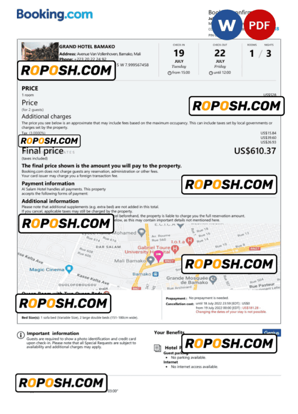 Mali hotel booking confirmation Word and PDF template, 2 pages