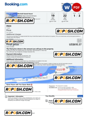 Marshall Islands hotel booking confirmation Word and PDF template, 2 pages