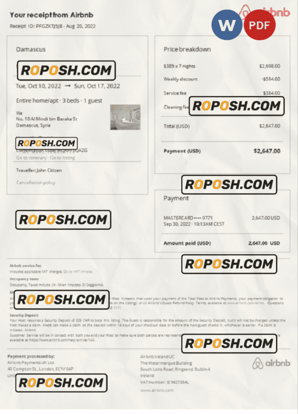 Syria Airbnb booking confirmation Word and PDF template
