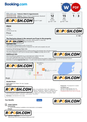 Mauritania hotel booking confirmation Word and PDF template, 2 pages