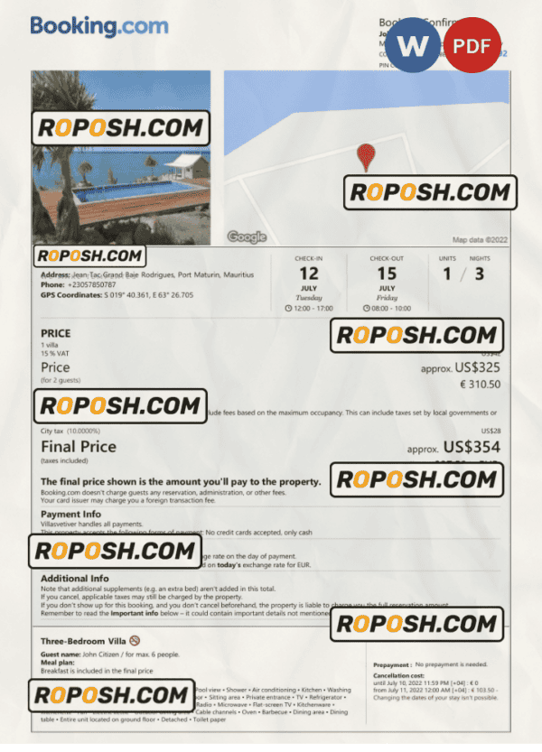Mauritius hotel booking confirmation Word and PDF template, 2 pages