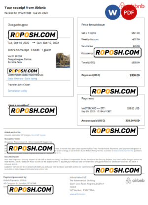 Burkina Faso Airbnb booking confirmation Word and PDF template