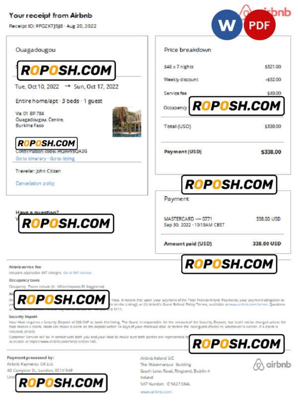 Burkina Faso Airbnb booking confirmation Word and PDF template