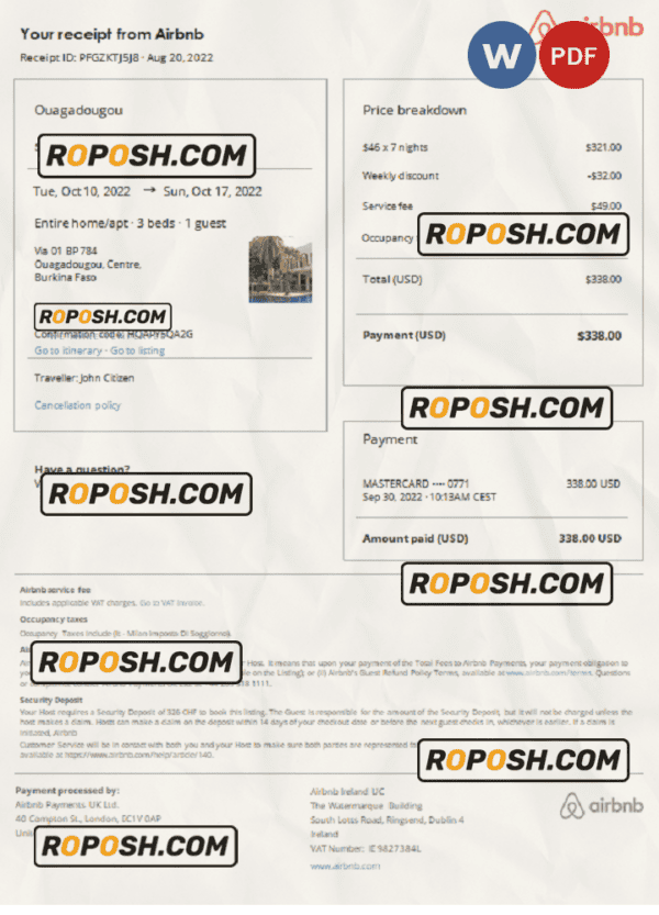 Burkina Faso Airbnb booking confirmation Word and PDF template