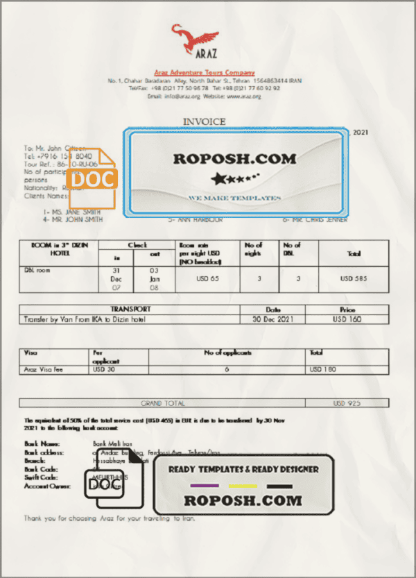 Iran Araz Tours Company invoice template in Word and PDF format, fully editable