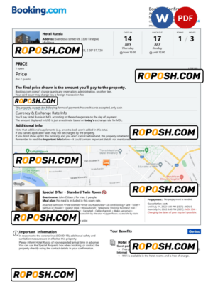 Moldova hotel booking confirmation Word and PDF template, 2 pages