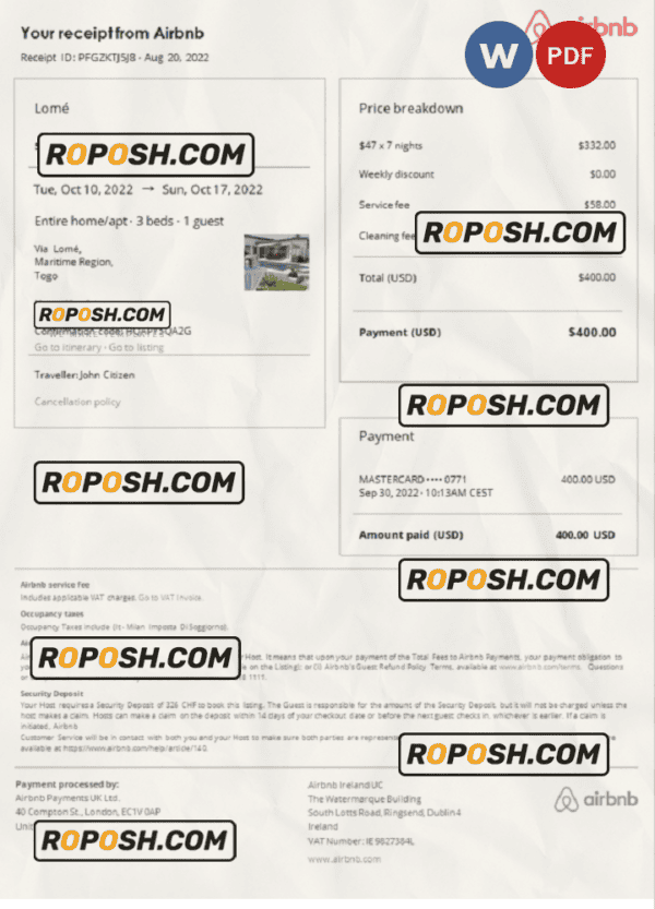 Togo Airbnb booking confirmation Word and PDF template