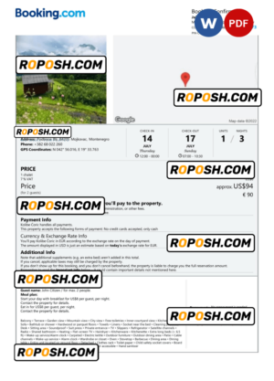 Montenegro hotel booking confirmation Word and PDF template, 2 pages