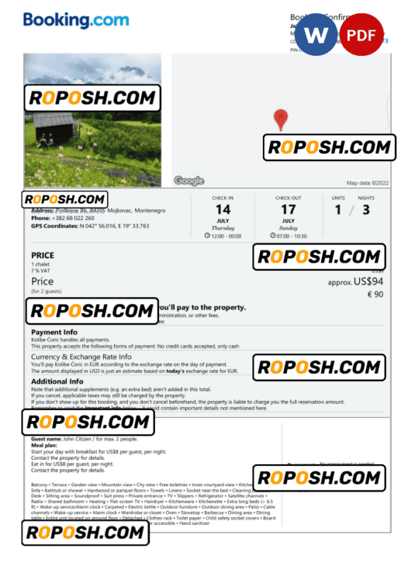 Montenegro hotel booking confirmation Word and PDF template, 2 pages