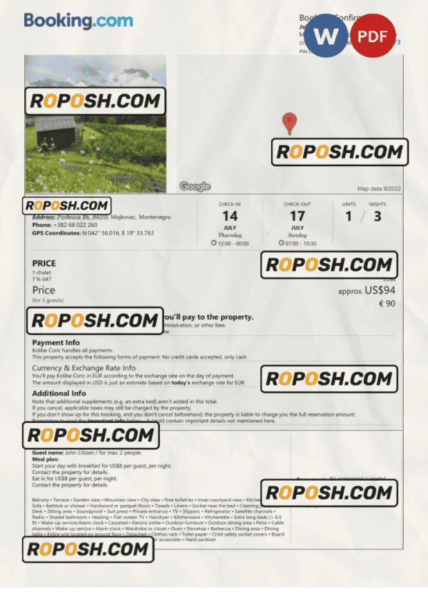 Montenegro hotel booking confirmation Word and PDF template, 2 pages