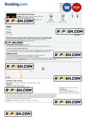 Morocco hotel booking confirmation Word and PDF template, 2 pages