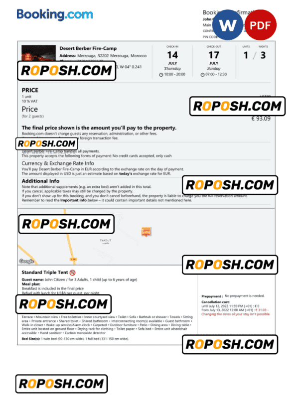 Morocco hotel booking confirmation Word and PDF template, 2 pages