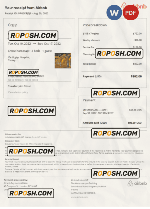Turkey Airbnb booking confirmation Word and PDF template