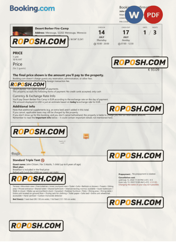 Morocco hotel booking confirmation Word and PDF template, 2 pages