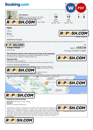 Mozambique hotel booking confirmation Word and PDF template, 2 pages