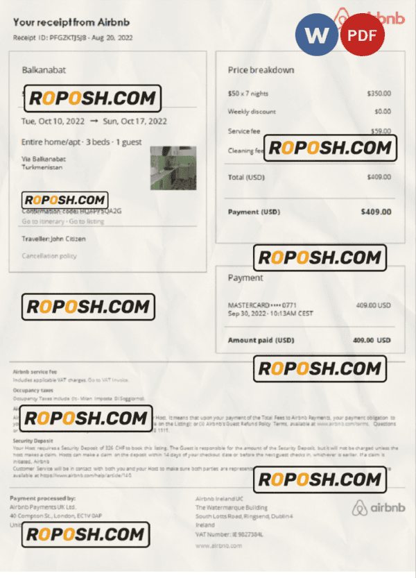 Turkmenistan Airbnb booking confirmation Word and PDF template