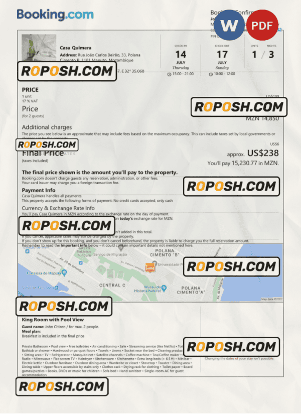 Mozambique hotel booking confirmation Word and PDF template, 2 pages