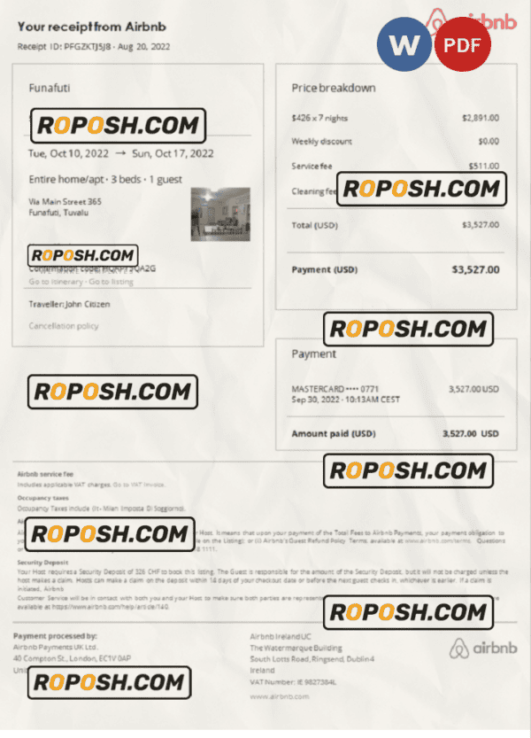 Tuvalu Airbnb booking confirmation Word and PDF template
