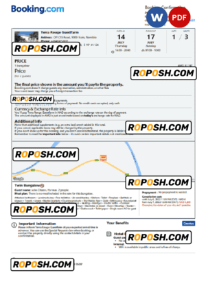 Namibia hotel booking confirmation Word and PDF template, 2 pages