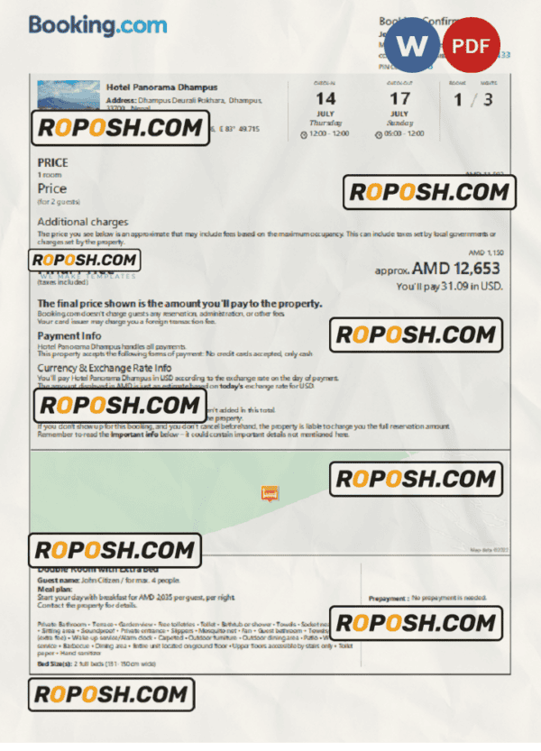 Nepal hotel booking confirmation Word and PDF template, 2 pages