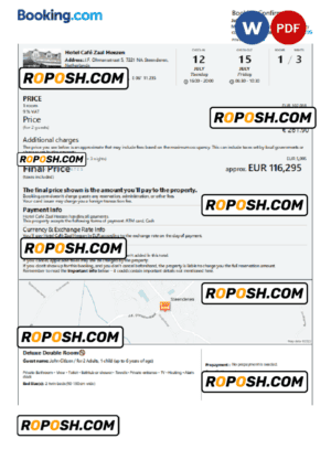 Netherlands hotel booking confirmation Word and PDF template, 2 pages