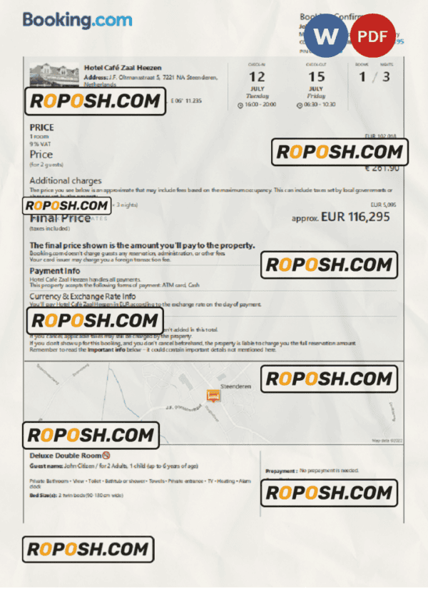Netherlands hotel booking confirmation Word and PDF template, 2 pages