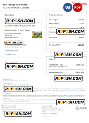Burundi Airbnb booking confirmation Word and PDF template