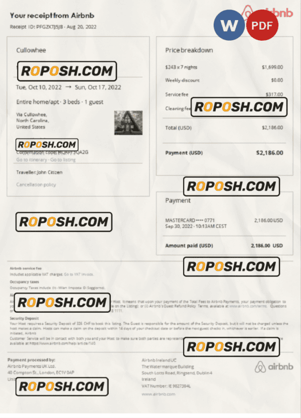 USA Airbnb booking confirmation Word and PDF template