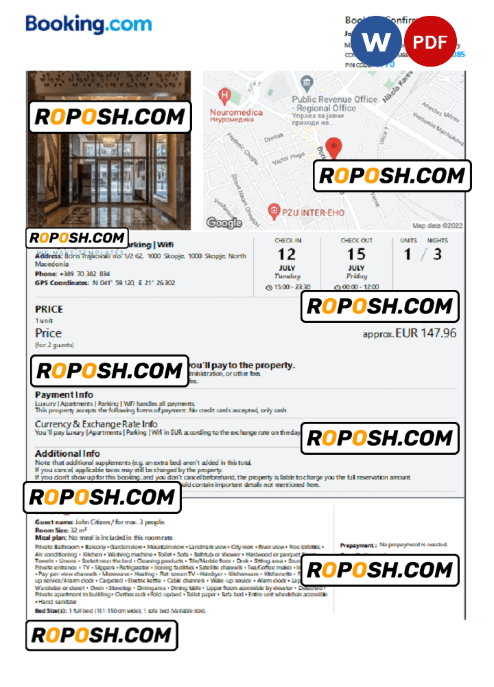 North Macedonia hotel booking confirmation Word and PDF template, 2 pages North Macedonia hotel booking confirmation Word and PDF template, 2 pages