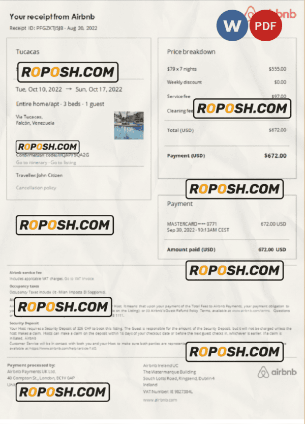 Venezuela Airbnb booking confirmation Word and PDF template