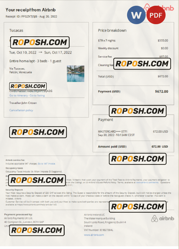 Venezuela Airbnb booking confirmation Word and PDF template scan effect