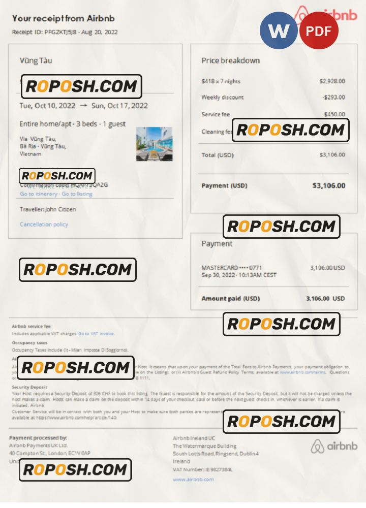 Vietnam Airbnb booking confirmation Word and PDF template scan effect