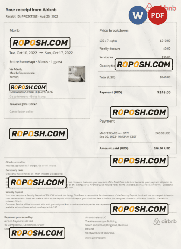 Yemen Airbnb booking confirmation Word and PDF template