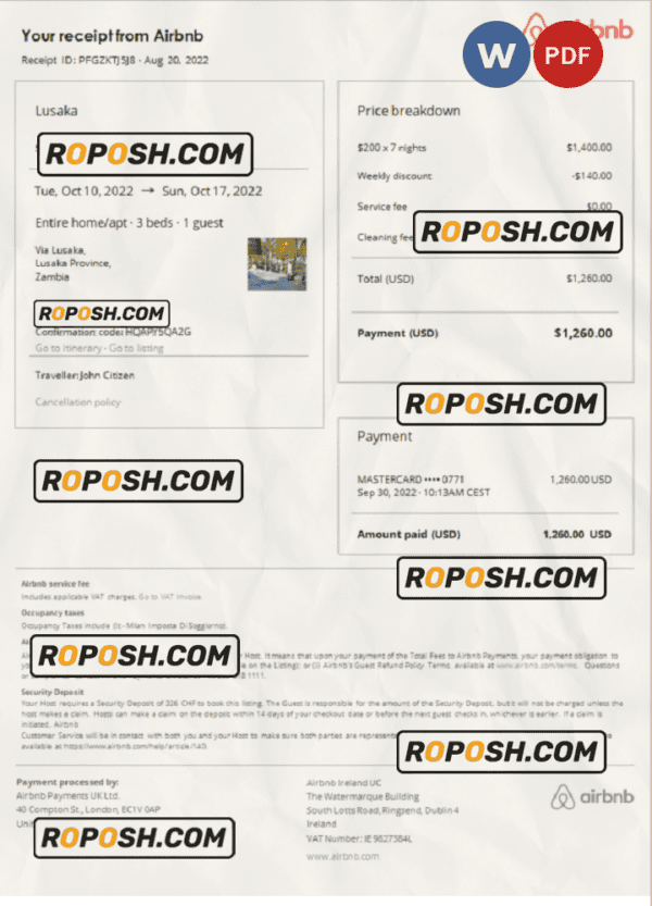 Zambia Airbnb booking confirmation Word and PDF template