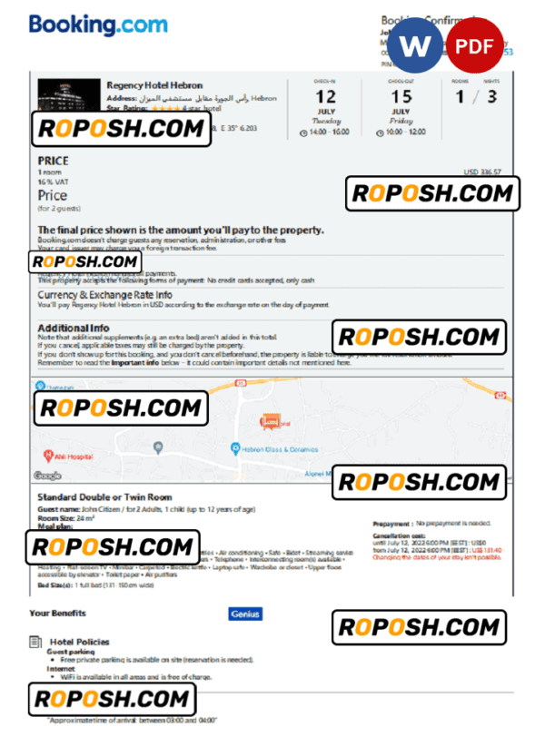 Palestine hotel booking confirmation Word and PDF template, 2 pages