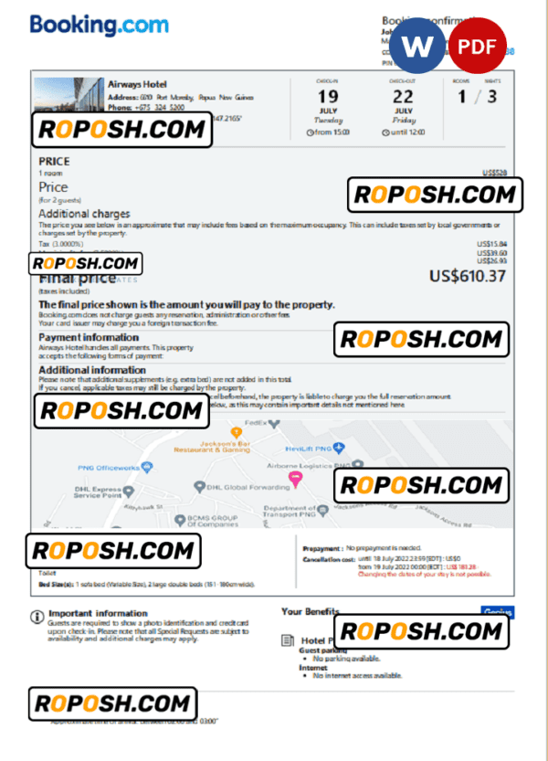 Papua New Guinea hotel booking confirmation Word and PDF template, 2 pages