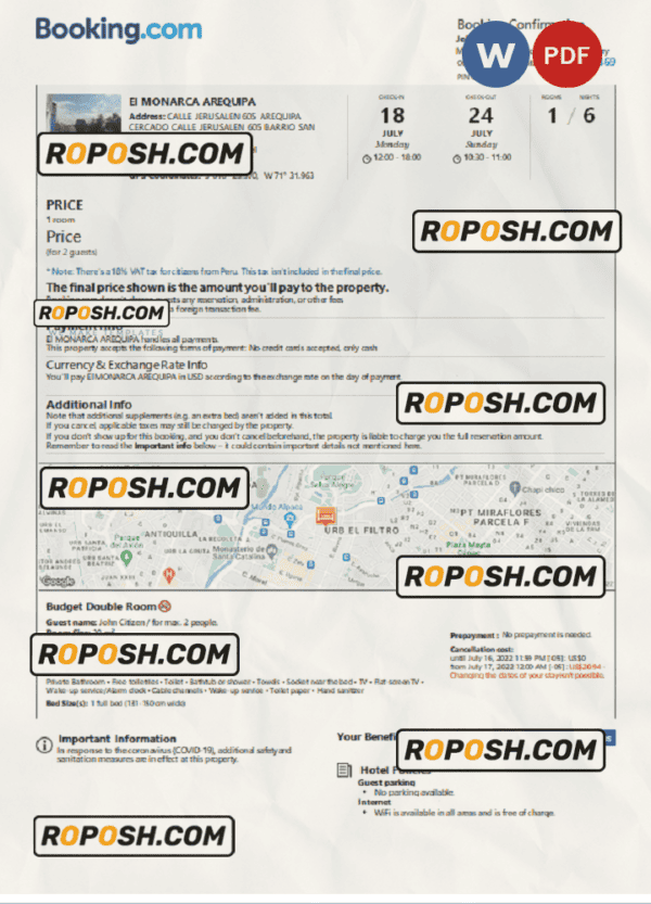 Peru hotel booking confirmation Word and PDF template, 2 pages