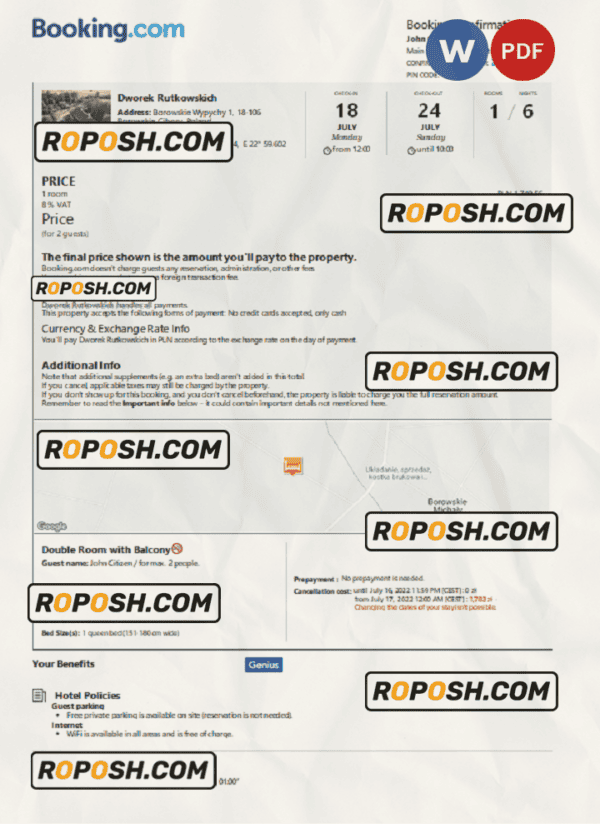 Poland hotel booking confirmation Word and PDF template, 2 pages