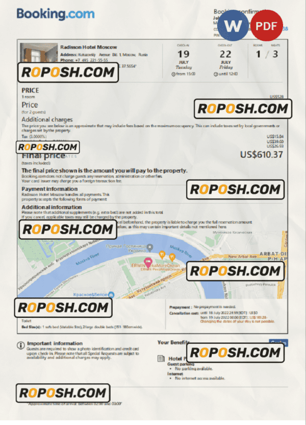 Russia hotel booking confirmation Word and PDF template, 2 pages