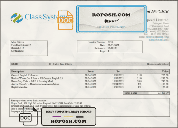 Switzerland Class System invoice template in Word and PDF format, fully editable