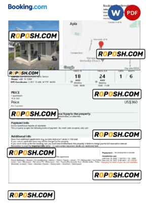 Samoa hotel booking confirmation Word and PDF template, 2 pages