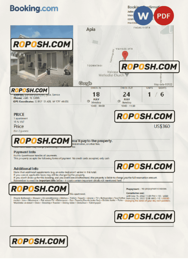 Samoa hotel booking confirmation Word and PDF template, 2 pages
