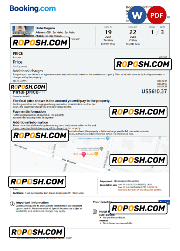 San Marino hotel booking confirmation Word and PDF template, 2 pages