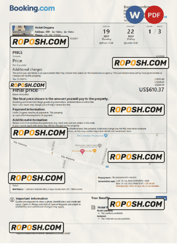 San Marino hotel booking confirmation Word and PDF template, 2 pages